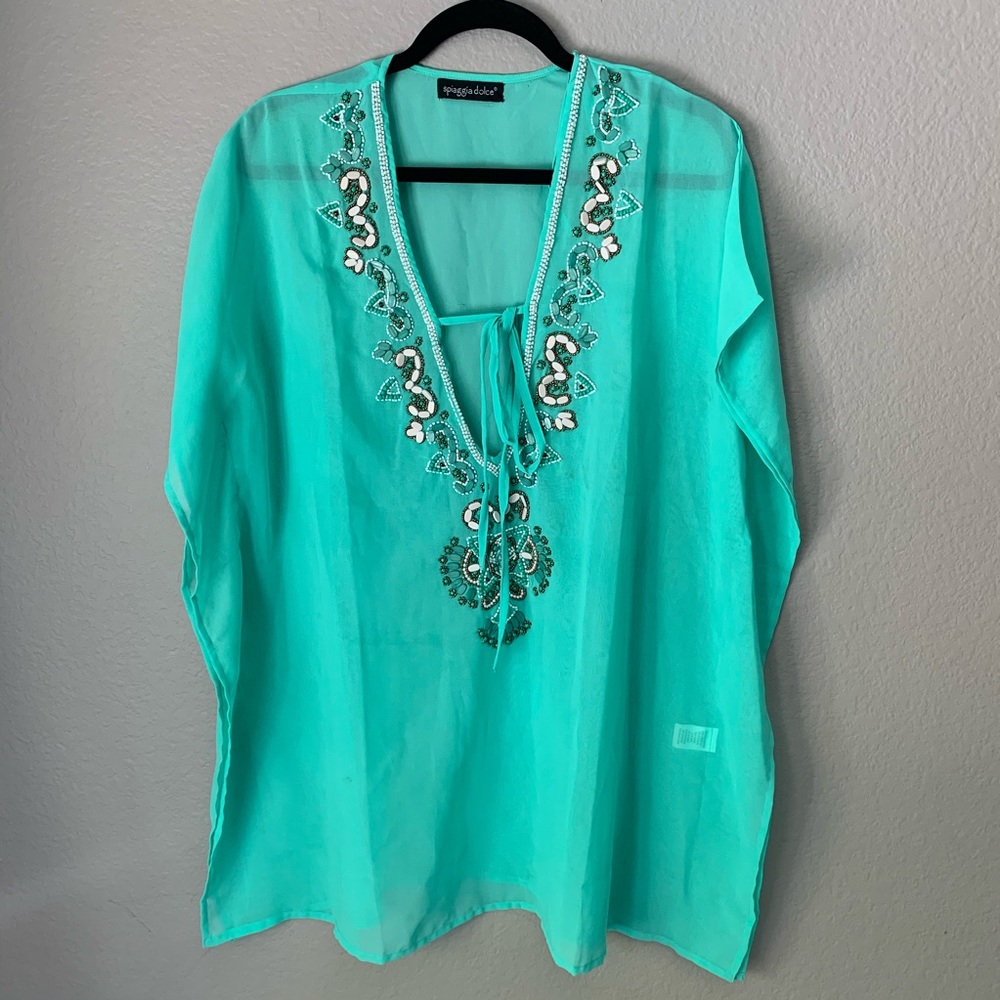 Sheer Teal Swimsuit Cover Up w/ Beaded Detail